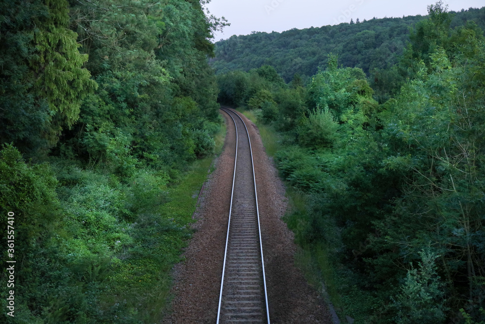 Scenic view of railway from high angle view passing through the forest Scenic view of railway from high angle view passing through the forest