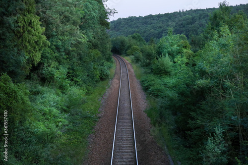 Scenic view of railway from high angle view passing through the forest