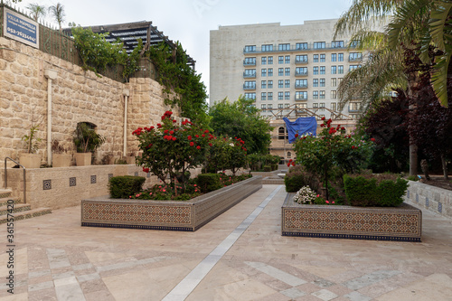 Decorative flower beds in front of the Worldwide North Africa Jewish Heritage Center building in the Mamila quarter in Jerusalem, Israel