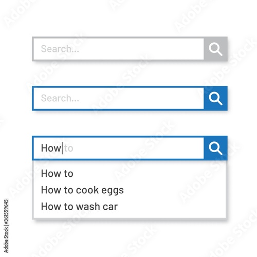 Search bar set. UI vector elements with pop up list of search results. 