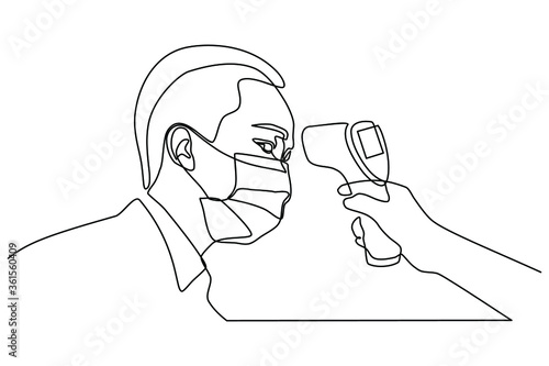 continuous line drawing of usage of infrared non-contact forehead thermometer gun to check body temperature for virus covid-19 symptoms. someone is being tested for body temperature with a thermometer