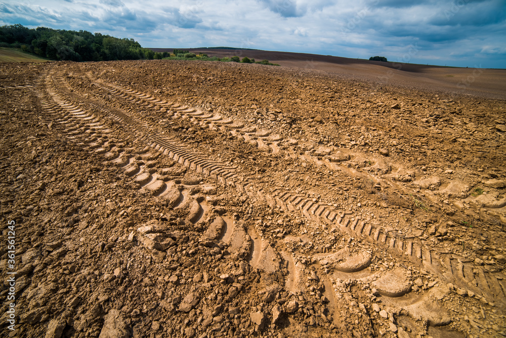 Traces of a tractor on a plowed field. Graphic drawing is not the ground. Traces of a tractor on a plowed field. Graphic drawing is not the ground.