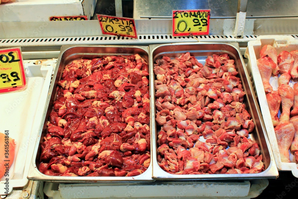 Greece, Athens, June 17 2020 - Stalls with meat at the central market of Athens, Greece.