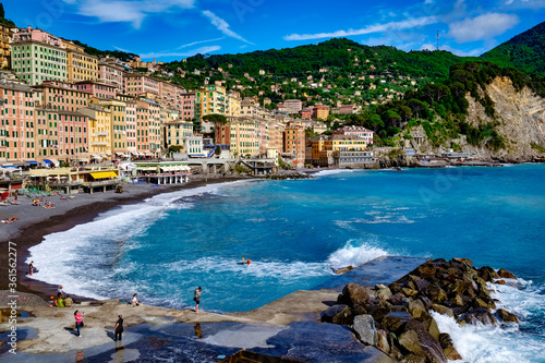 Panorama on the beach and the village of Camogli Liguria Italy
