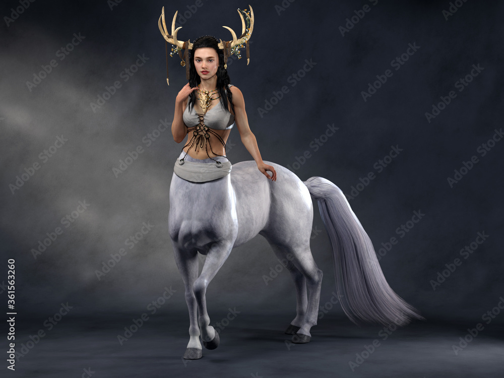 3D Rendering : A portrait of the female centaur, a pinup female centaur posing in the studio