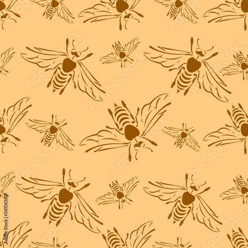 Seamless pattern with silhouettes of brown bees on a peach background. Design is suitable for wallpaper, textiles, bedding, printing on t-shirts and clothes, product packaging. Isolated vector © Лилия Марчук