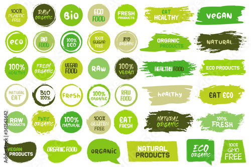 Big set of grunge healthy eating food badges, tag and frames