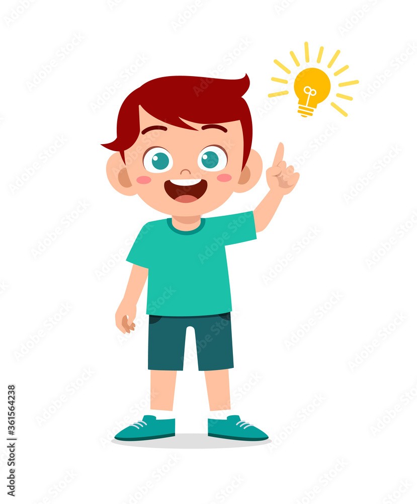 happy cute little kid boy with idea lamp sign happy cute little kid boy with idea lamp sign