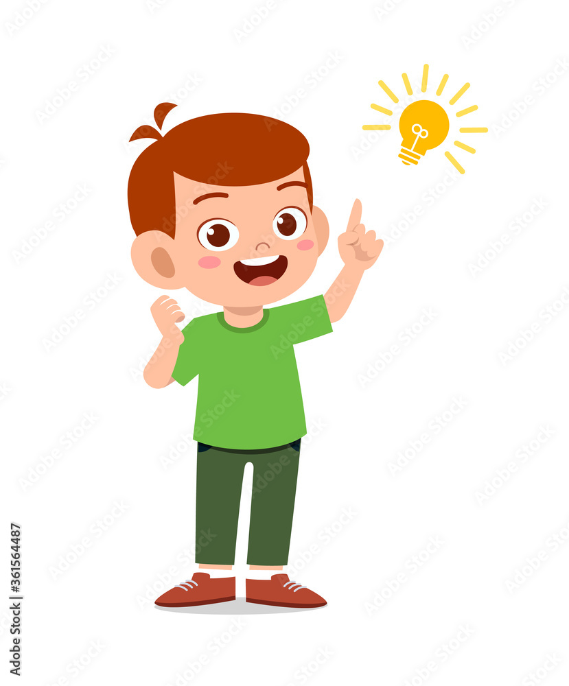 happy cute little kid boy with idea lamp sign happy cute little kid boy with idea lamp sign
