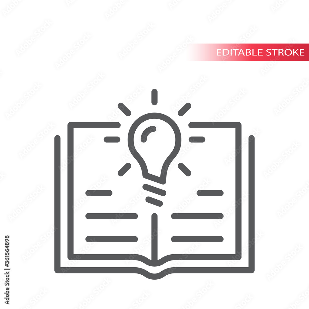 Light bulb and open book or textbook vector icon. Lightbulb, knowledge, education concept outline icon, editable stroke. Light bulb and open book or textbook vector icon. Lightbulb, knowledge, education concept outline icon, editable stroke.