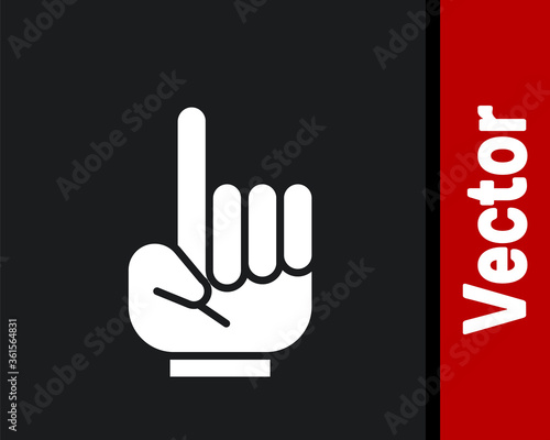 White Number 1 one fan hand glove with finger raised icon isolated on black background. Symbol of team support in competitions. Vector Illustration.