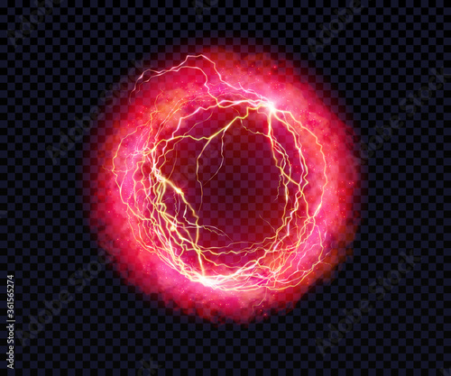 Electric ball. Lightning circle. Thunderbolt. Vector electric discharge effect. The light sphere in blue and purple colors isolated on a black background. Flash, plasma ball, energy or portal. Vector