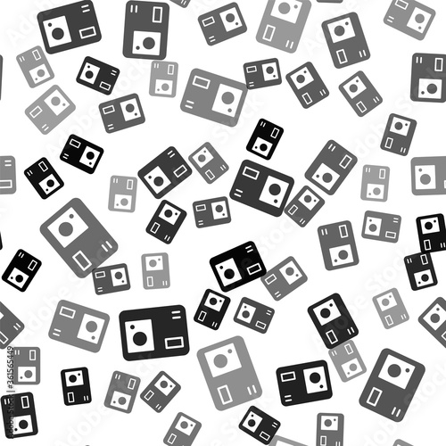 Black Action extreme camera icon isolated seamless pattern on white background. Video camera equipment for filming extreme sports. Vector Illustration.