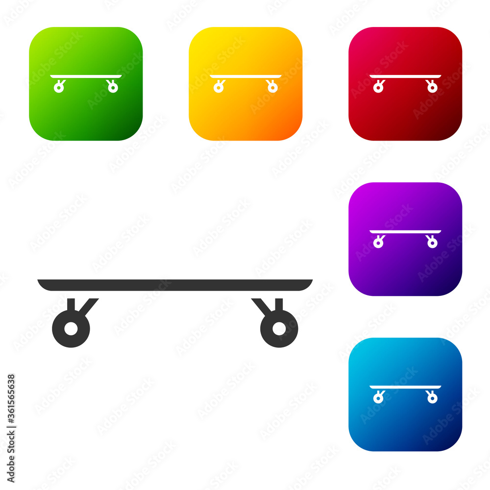 Black Longboard or skateboard cruiser icon isolated on white background. Extreme sport. Sport equipment. Set icons in color square buttons. Vector Illustration. Black Longboard or skateboard cruiser icon isolated on white background. Extreme sport. Sport equipment. Set icons in color square buttons. Vector Illustration.