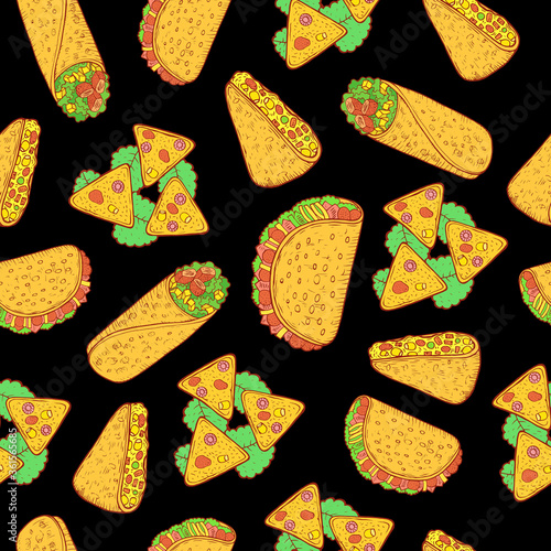 Mexican food seamless pattern design. Tacos, quesadillas, nachos, burrito. Doodle line art on the black background. Dark backdrop with colorful mexican meals. Vector illustration