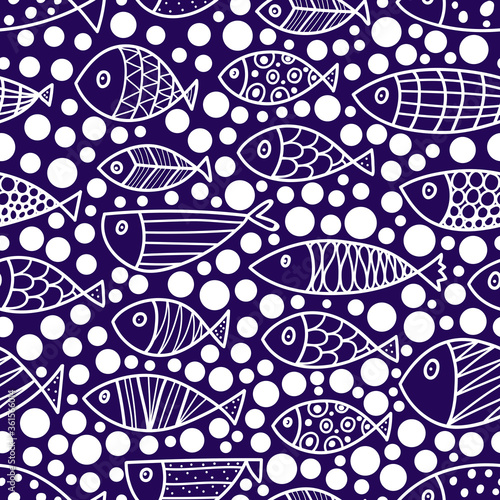 Cute fish and polka dots. Kids line background. Seamless pattern. Can be used in textile industry, paper, background, scrapbooking.