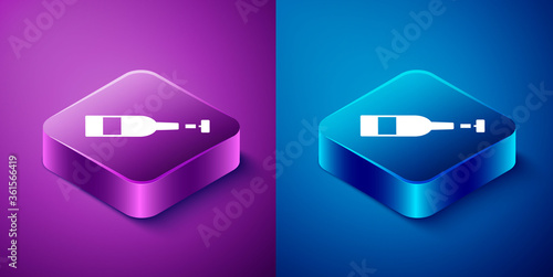 Isometric Opened bottle of wine icon isolated on blue and purple background. Square button. Vector Illustration.