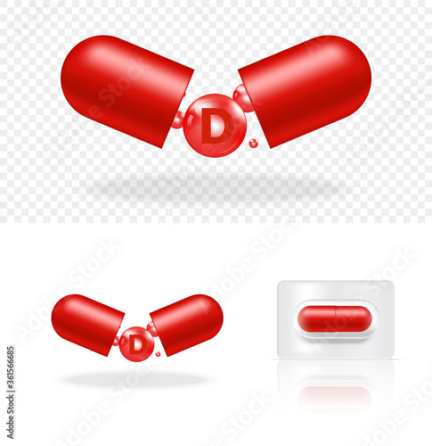 Mock up Realistic Transparent Pill Vitamin D Medicine Capsule Panel on White Background Vector Illustration. Tablets Medical and Healthcare Concept.