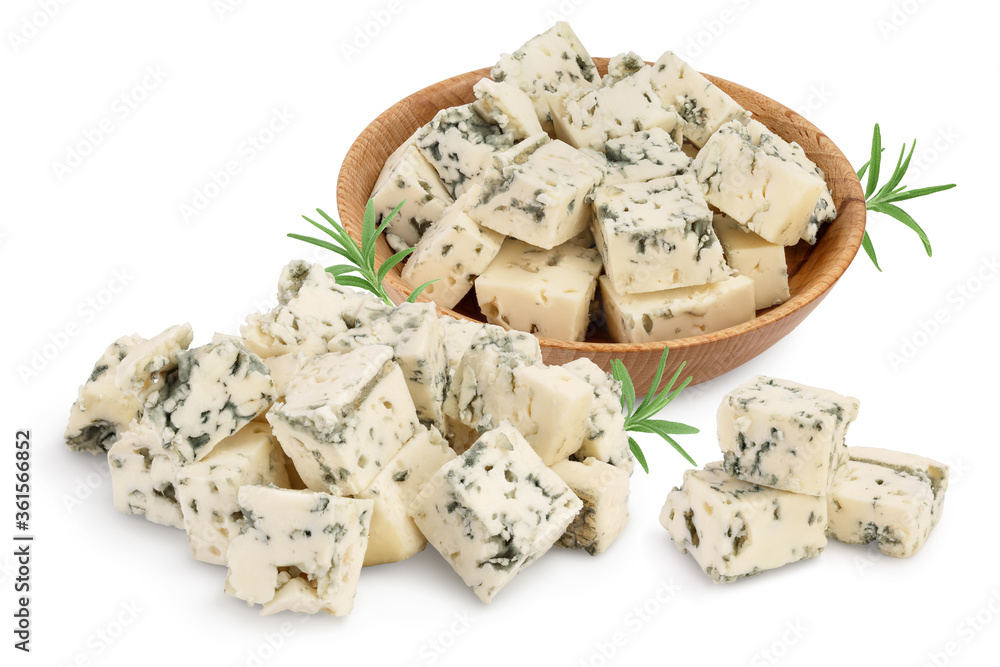 diced Blue cheese isolated on white background with clipping path and full depth of field.
