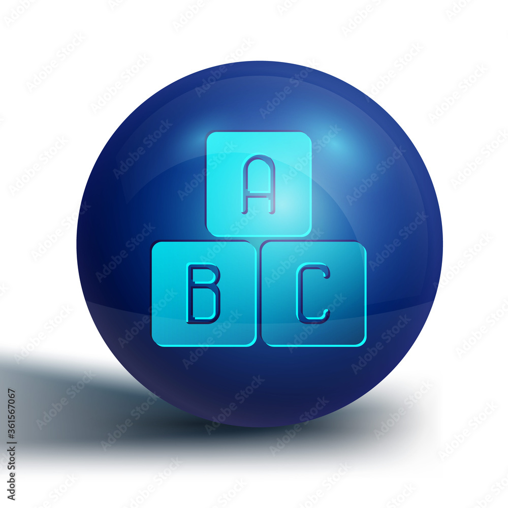 Blue ABC blocks icon isolated on white background. Alphabet cubes with letters A,B,C. Blue circle button. Vector Illustration. Blue ABC blocks icon isolated on white background. Alphabet cubes with letters A,B,C. Blue circle button. Vector Illustration.