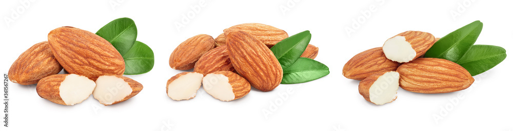 Almonds nuts with leaves isolated on white background with clipping path and full depth of field. Set or collection Almonds nuts with leaves isolated on white background with clipping path and full depth of field. Set or collection