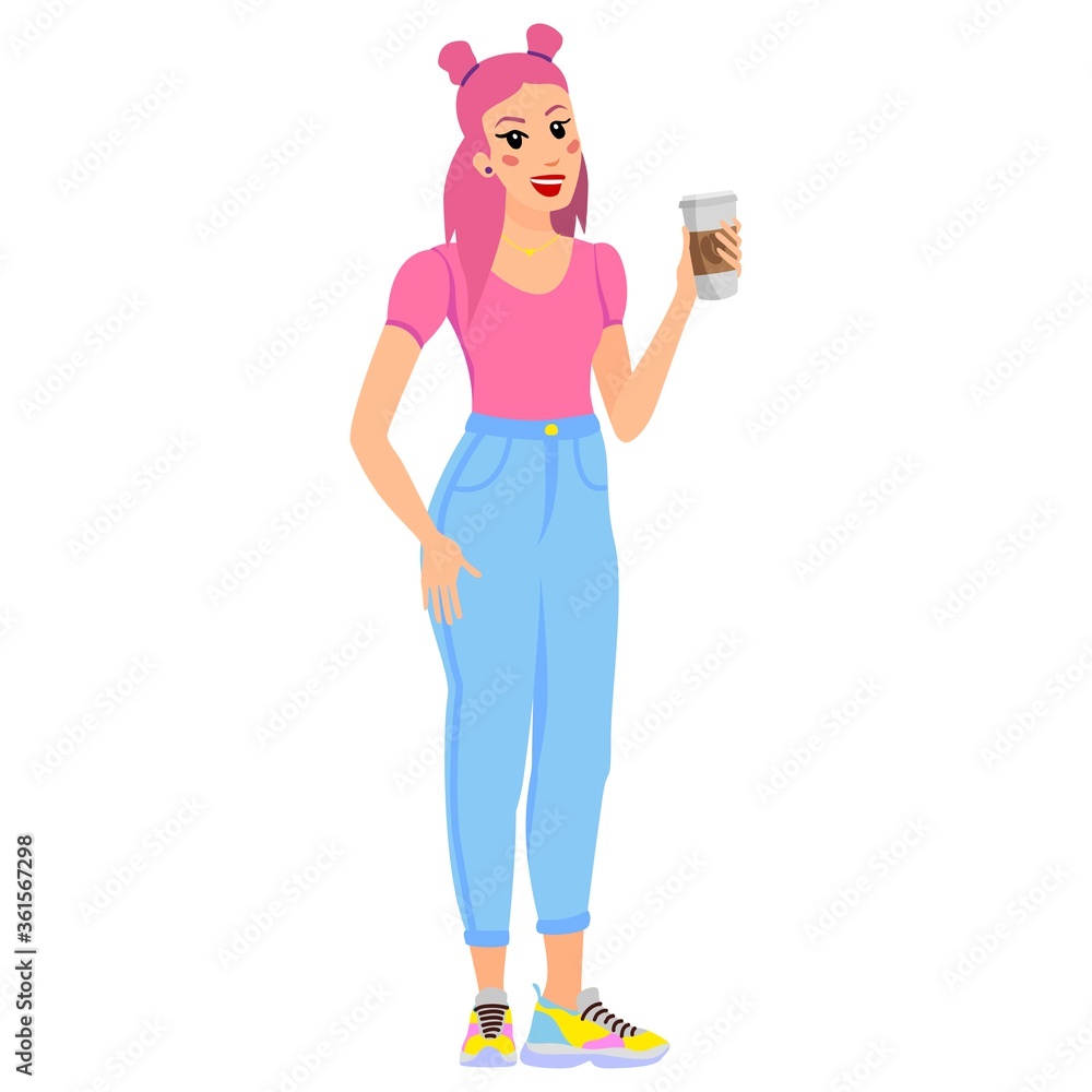 The girl character spends time on a walk. Young girl with coffee. Vector flat illustrations. The girl character spends time on a walk. Young girl with coffee. Vector flat illustrations.