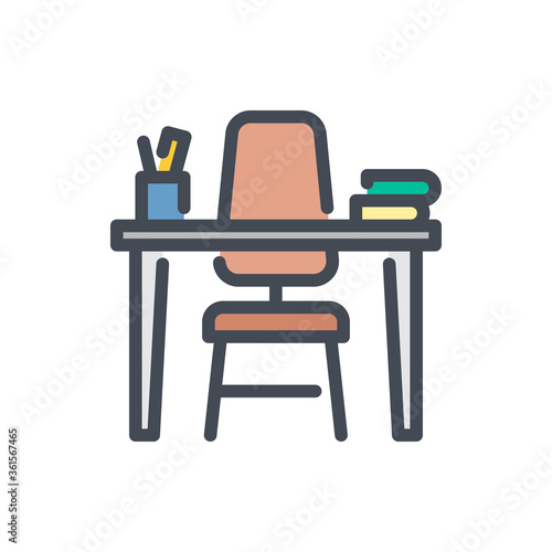 Working Place color line icon. Chair and Table with Books and Can with pens vector outline colorful sign.