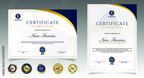 Certificate of appreciation template, gold and blue color. Clean modern certificate with gold badge. Certificate border template with luxury and modern line pattern. Diploma vector template