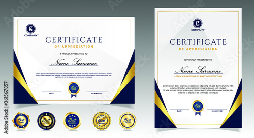 Certificate of appreciation template, gold and blue color. Clean modern certificate with gold badge. Certificate border template with luxury and modern line pattern. Diploma vector template
