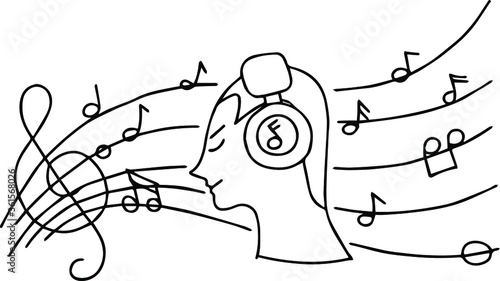 People listen to music with headphones that cover their ears.With music notes running through.
