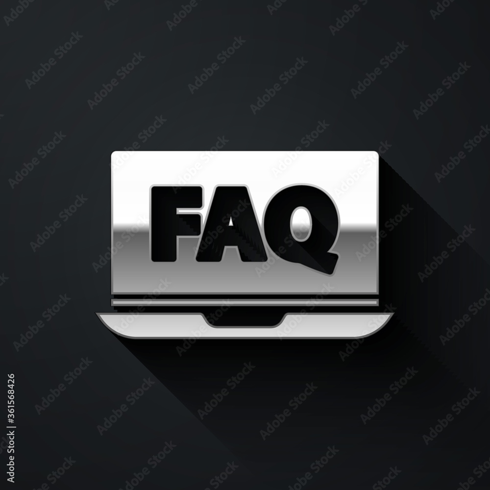 Silver Laptop and FAQ icon isolated on black background. Adjusting, service, setting, maintenance, repair, fixing. Long shadow style. Vector Illustration. Silver Laptop and FAQ icon isolated on black background. Adjusting, service, setting, maintenance, repair, fixing. Long shadow style. Vector Illustration.