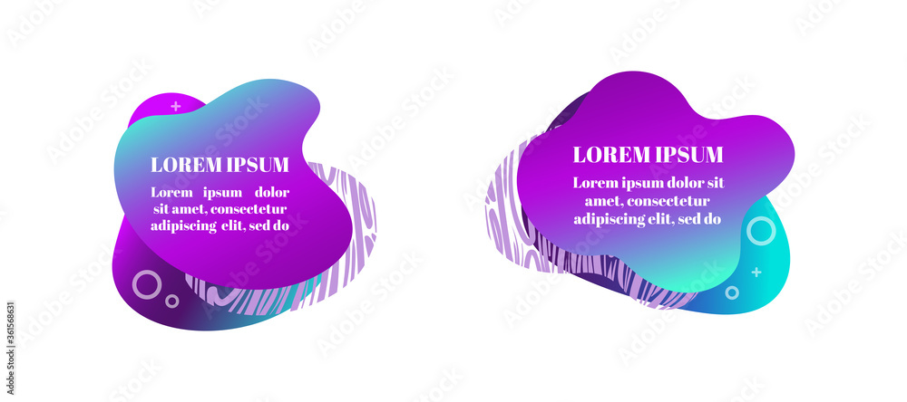 Abstract fluid gradiented shape set, trendy neon blue violet cyan colors. Useful as a design element for web banners, flyers. Isolated, white background, applicable for your text. Vector illustration.