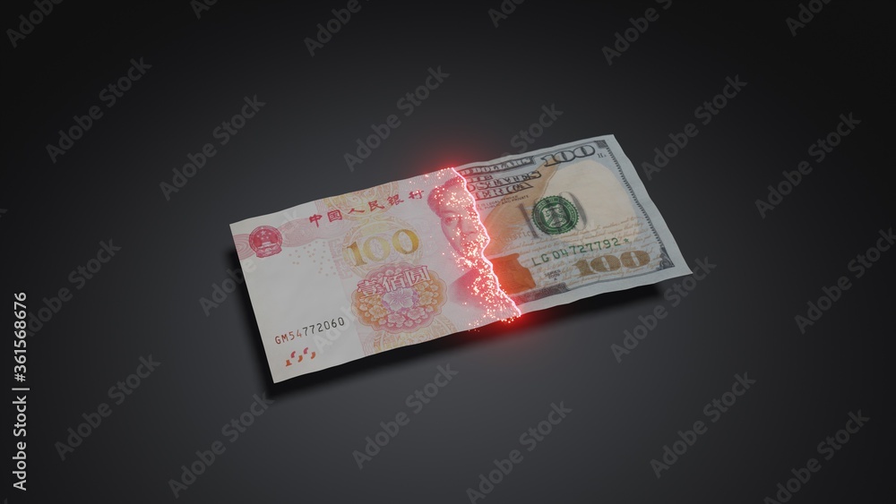 Obraz premium Euro Dollar Yuan RMB dissolve, Trade war