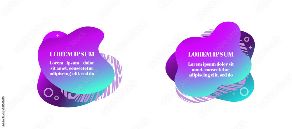 Abstract fluid gradiented shape set, trendy neon blue violet cyan colors. Useful as a design element for web banners, flyers. Isolated, white background, applicable for your text. Vector illustration. Abstract fluid gradiented shape set, trendy neon blue violet cyan colors. Useful as a design element for web banners, flyers. Isolated, white background, applicable for your text. Vector illustration.