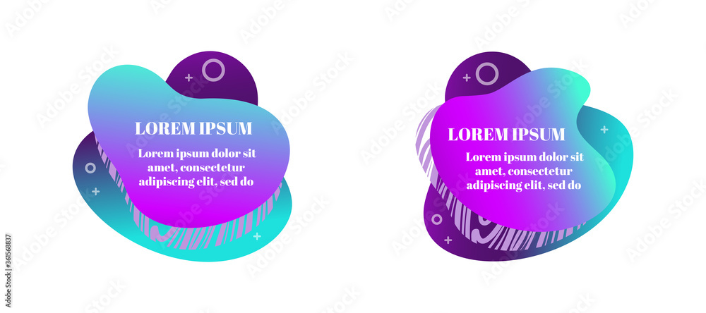 Abstract fluid gradiented shape set, trendy neon blue violet cyan colors. Useful as a design element for web banners, flyers. Isolated, white background, applicable for your text. Vector illustration. Abstract fluid gradiented shape set, trendy neon blue violet cyan colors. Useful as a design element for web banners, flyers. Isolated, white background, applicable for your text. Vector illustration.