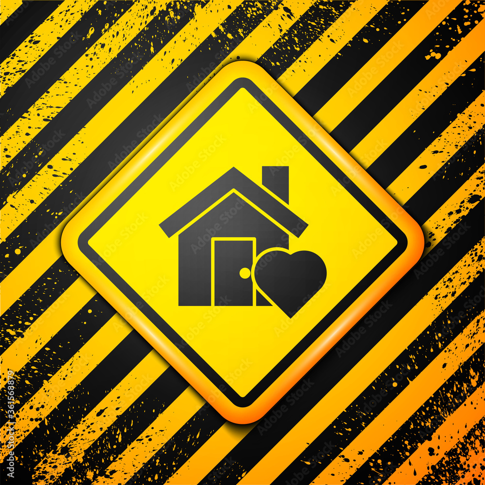 Black House with heart shape icon isolated on yellow background. Love home symbol. Family, real estate and realty. Warning sign. Vector Illustration. Black House with heart shape icon isolated on yellow background. Love home symbol. Family, real estate and realty. Warning sign. Vector Illustration.