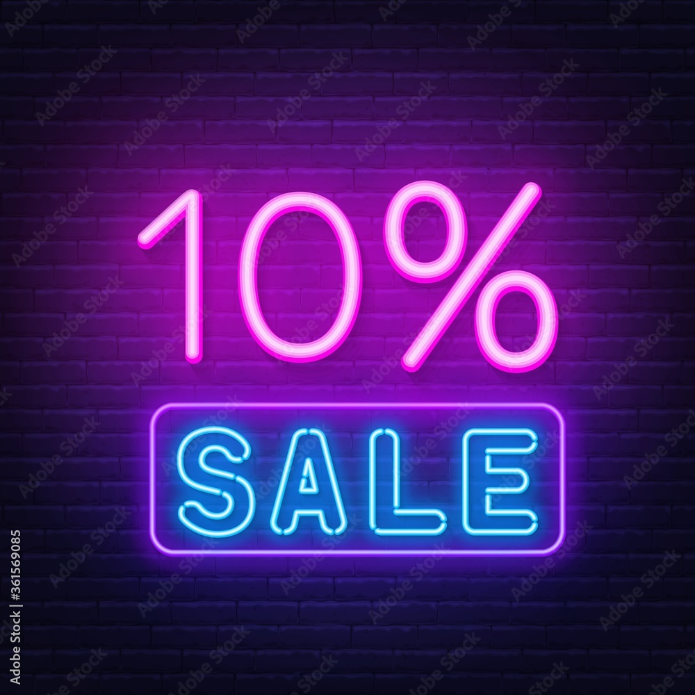 10 percent sale neon sign. Discount. Vector illustration 10 percent sale neon sign. Discount. Vector illustration