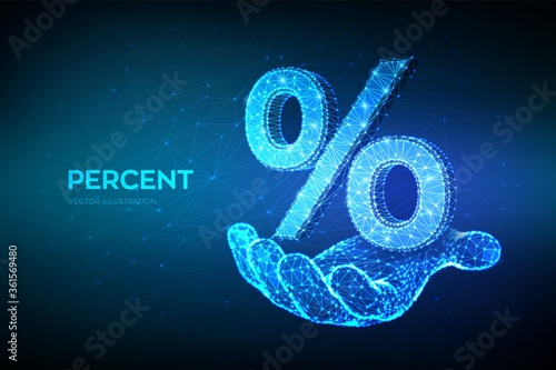 Percent sign. 3D Low polygonal abstract percent symbol in hand. Business concept of banking, calculation, discount. Low poly geometry triangle, lines, dots, on blue background. Vector illustration.