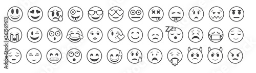 Emoticons big set. Emoji faces collection. Emojis flat style. Happy and sad emoji. Line smiley face - stock vector photo