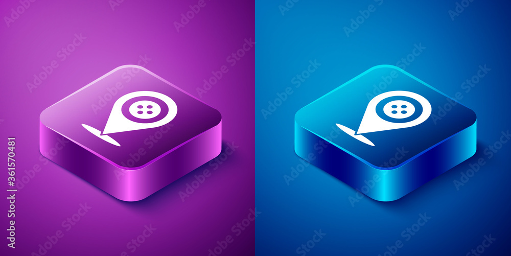 Isometric Location tailor shop icon isolated on blue and purple background. Square button. Vector Illustration. Isometric Location tailor shop icon isolated on blue and purple background. Square button. Vector Illustration.