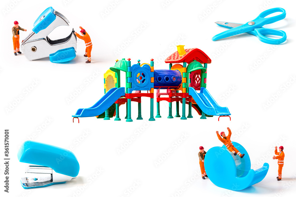 Miniature family with father,mother and son with colorful big plastic toy set for children school or park playground, isolated on white background.
