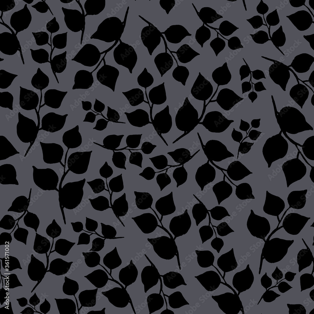 Naklejka premium Seamless pattern of leaves. Watercolor black leafy twigs isolated on grey background. Hand drawn round pointed foliage. Perfect for wrapping paper, textile, wallpeper and backdrop.