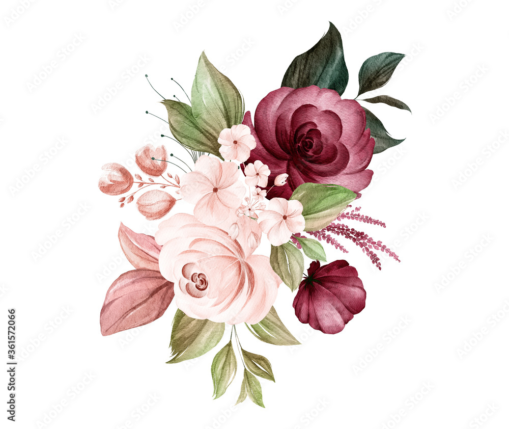 Fototapeta Watercolor bouquet of soft brown and burgundy roses and leaves. Botanic decoration illustration for wedding card, fabric, and logo composition