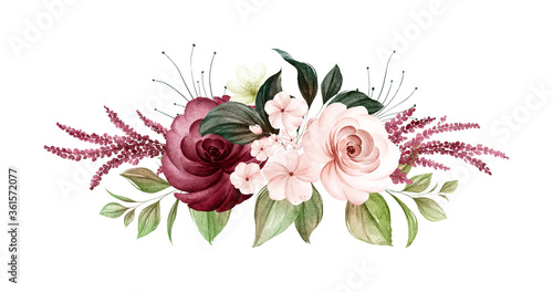 Watercolor bouquet of soft brown and burgundy roses and leaves. Botanic decoration illustration for wedding card, fabric, and logo composition
