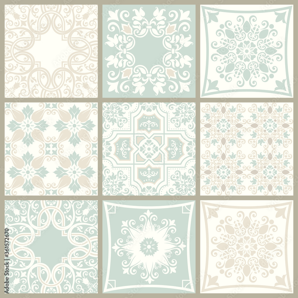 Collection of 9 seamless ceramic tiles with damask pattern in colorful color. Collection of 9 seamless ceramic tiles with damask pattern in colorful color.