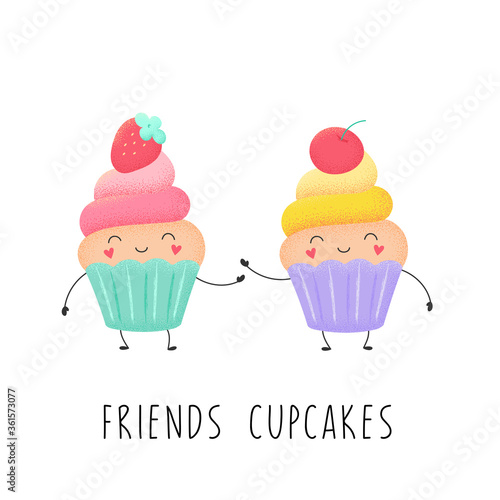 Cartoon muffins with strawberries and cherries. Sweet cupcake, cute print for t-shirt. Isolated vector illustration on a white background.