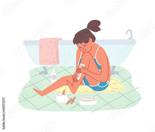 Young woman doing leg waxing at home in her bathroom. Modern style cute vector illustration for article.