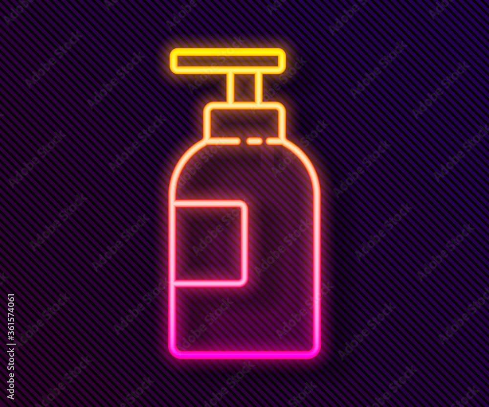 Glowing neon line Hand sanitizer bottle icon isolated on black background. Disinfection concept. Washing gel. Alcohol bottle for hygiene. Vector Illustration. Glowing neon line Hand sanitizer bottle icon isolated on black background. Disinfection concept. Washing gel. Alcohol bottle for hygiene. Vector Illustration.