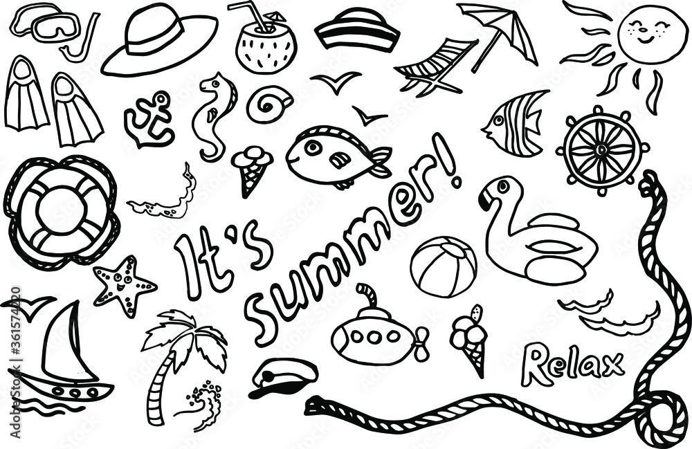Collection of cute summer doodles. Beach holidays doodle set. Marine fish, snorkeling, sailing, sun, waves and more