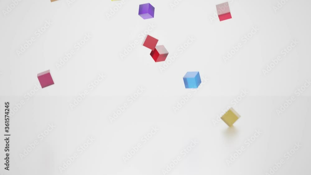 Many colored glass boxes fell to the ground and each floor went down. The white room The ground has reflections. 3D rendering 4k 30fps Many colored glass boxes fell to the ground and each floor went down. The white room The ground has reflections. 3D rendering 4k 30fps